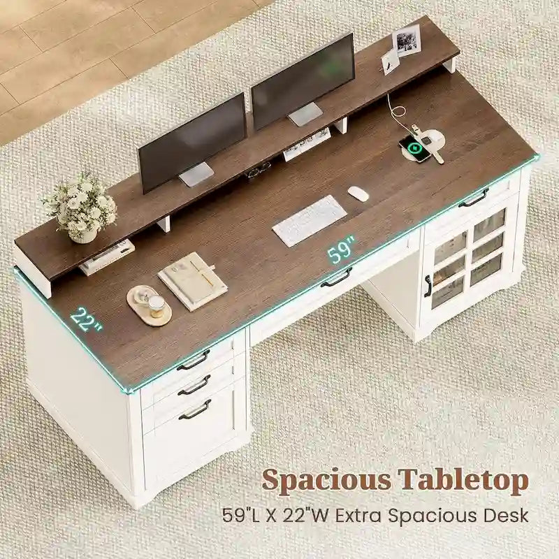 Bureau informatique individuel gris/blanc/noir avec tiroirs, meuble de rangement et lumières LED