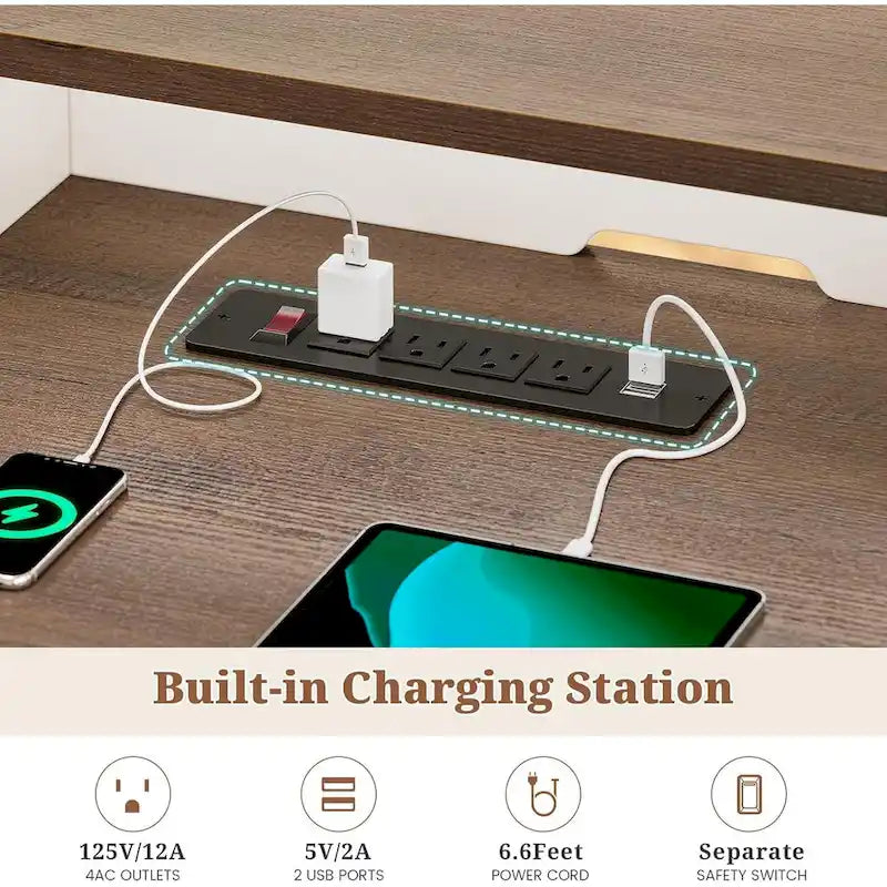 Bureau informatique individuel gris/blanc/noir avec tiroirs, meuble de rangement et lumières LED